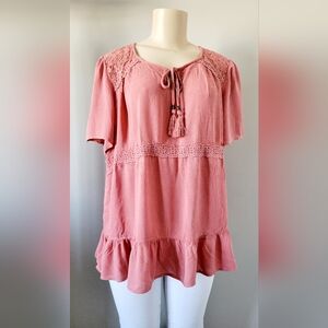 Artesia Women's 100%Rayon Boho Flowy Pink Lace Trim Top Blouse Large